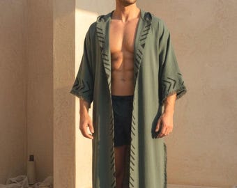 Men's Hooded Kimono, Organic Cotton Muslin Robe, Hand-Printed Boho Festival Wear, Men’s Cotton Block Print Robe Kimono, Linen Morning Robe