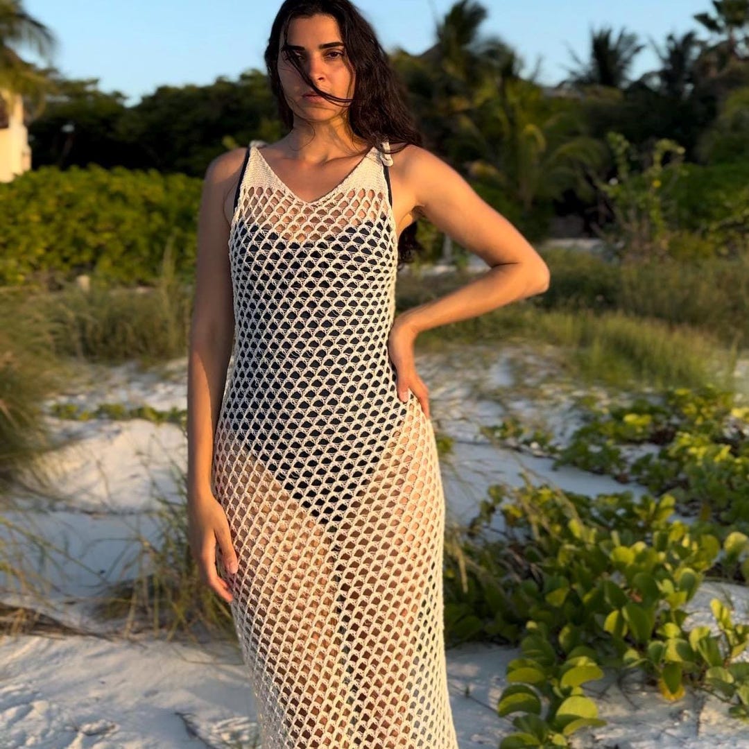 Beach Muse Beige Resort Crochet Knitted Mermaid Style Summer Midi Dress