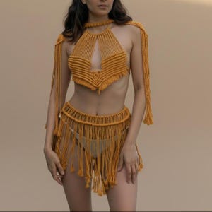 Three-piece gold macramé beach outfit for women
