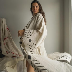 Organic Hemp Bathrobe Handmade Wood Blocks printed, hemp Kimono Robe, Ethnic Print - Spa gift, Gift for Mom - Cotton Hemp robe, Gift for her