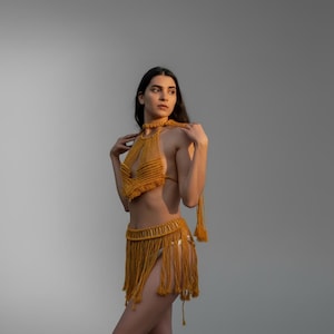 Boho gold macramé festival outfit with detachable shoulder necklace