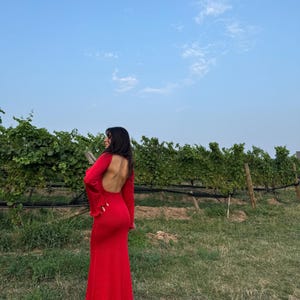 Red open back boho dress for beach and resort evenings