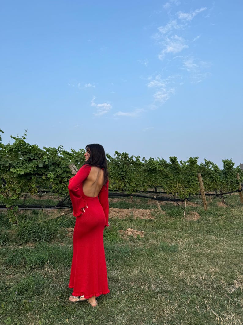 Red open back boho dress for beach and resort evenings
