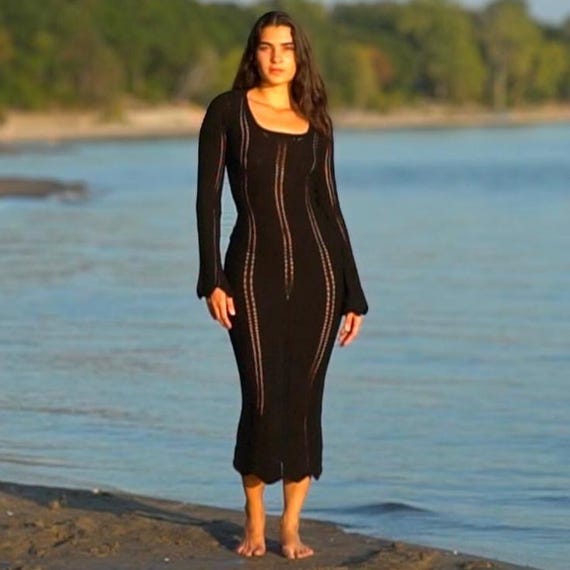 black knit beach dress Maxi Dress, Boho Chic Cover Up, Long Sleeve Vacation Dress, Resort Wear, Fitted Beach Dress, Summer Outfit, Gift for her HIGH-SLIT Funeral Dress in Black Size:9 Years In order to minimize