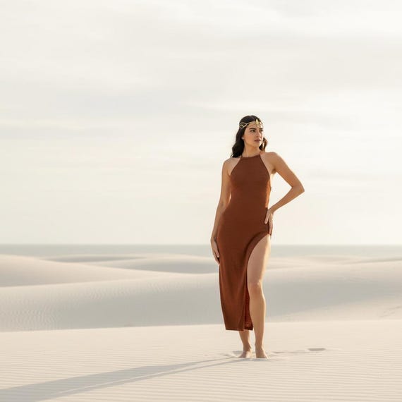 Terracotta Beach Cover Up Dress, Boho Side Split Maxi Dress, Swimsuit Cover Up, Vacation Dress, Resort Wear, Bohemian Summer Dress