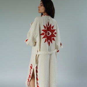 Organic Linen Sacred Eye Kimono Robe, Eye Print Linen Kimono, Handmade Wood Block Print, Boho Beach Cover Up, Yoga Gift