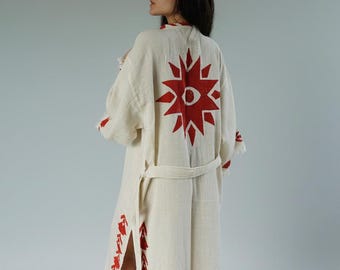 Organic Linen Sacred Eye Kimono Robe, Eye Print Linen Kimono, Handmade Wood Block Print, Boho Beach Cover Up, Yoga Gift