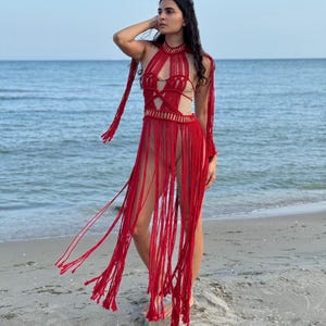 Boho Macrame Dress, Wedding Dress, Vacation Dress, Resort Wear, Rave Dress, Beachwear, Red Dress, Swimsuit Coverup, maternity dress