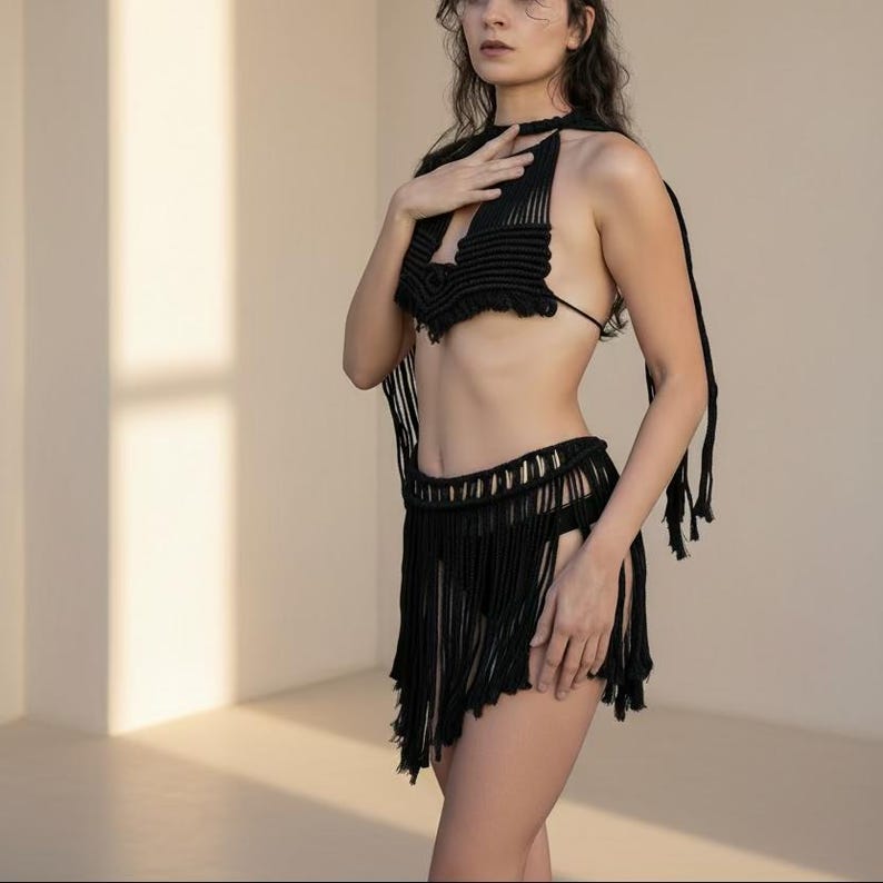 Three-piece black macramé beach outfit for women