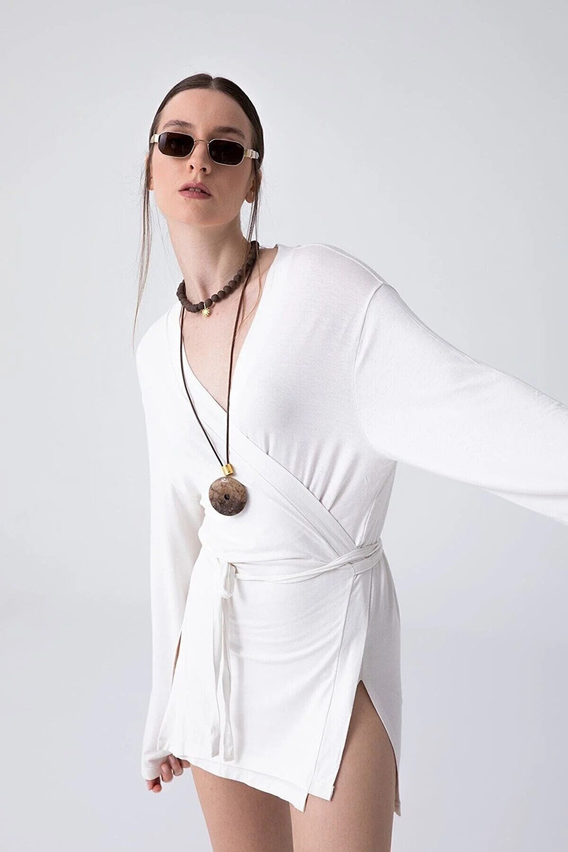 Solid White Kimono Style Tied Waist Long Sleeve Wrap Maxi Knit Dress