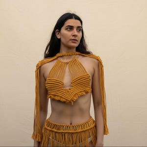 Gold macramé skirt and top set styled as a beach cover-up