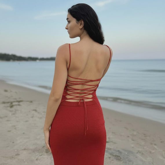 red knit wrap dress Dress, Boho Beach Dress, Red Summer Dress, Backless Detail Dress, Resort Wear, Vacation Dress, Side Split Dress, Gift for Her Iconic Weill Paris dresses with buttons