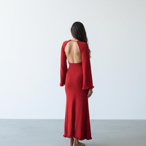 Bohemian red maxi dress open back and body wrapping features designed for resort wear and vacation