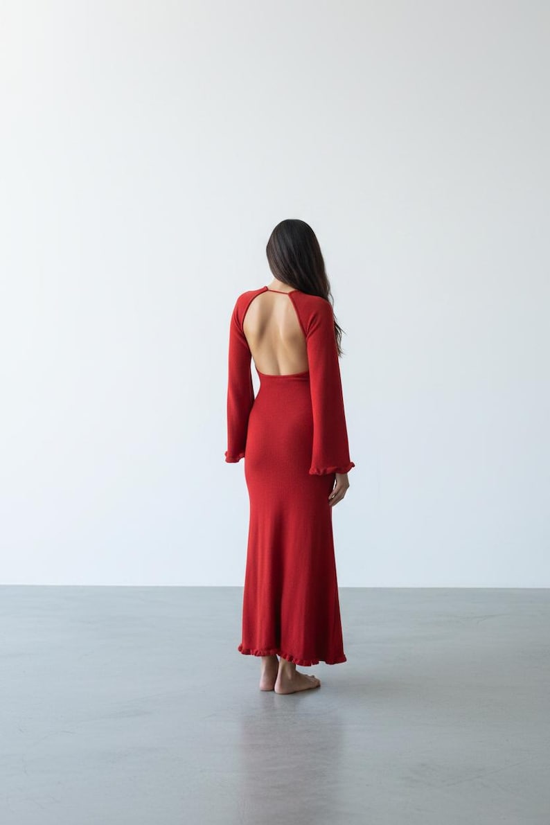 Bohemian red maxi dress open back and body wrapping features designed for resort wear and vacation