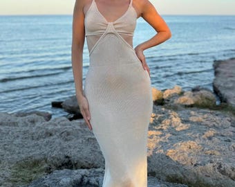 Ivory Knitted Maxi Dress, Long Sleeve V-neck Gown, Elegant Wedding Dress, Evening Formal Dress, Beach and Party Dress for Special Occasions - Etsy Ivory Knitted Maxi Dress, Long Sleeve V-neck Gown, Elegant Wedding Dress, Evening Formal Dress, Beach and Party Dress for Special Occasions - Etsy