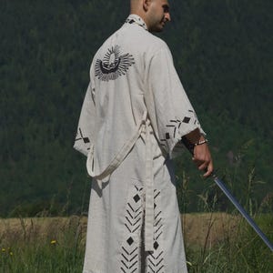 Organic Hemp Bathrobe Handmade Wood Blocks printed, hemp Kimono Robe, Ethnic Print - Spa gift, Gift for him - hemp wrap dress, Man Kimono