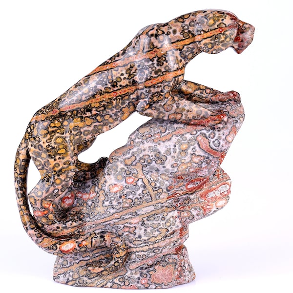 Leopardenleder-Achat-Kristall-Leopardenskulptur: Handgeschnitztes Dekor (17,5 cm)