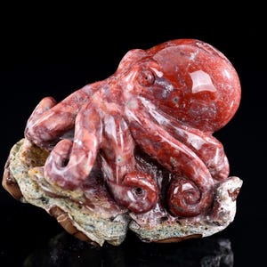 Red Agate Crystal Octopus Sculpture: Hand Carved Home Decor