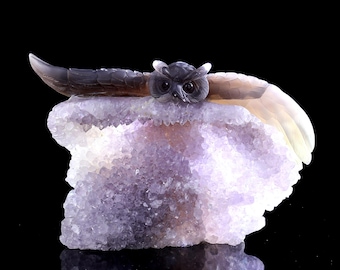 モスアゲートのフクロウ彫刻 126g、モスアゲートのフクロウ