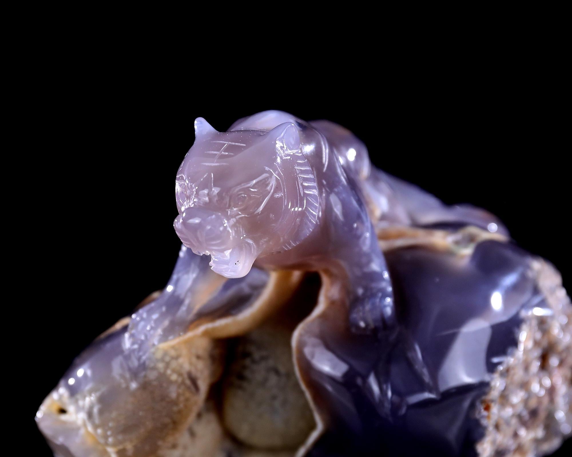 6” Natural Geode Agate Hand Carved Crystal Tiger Sculpture, Unique Crystal Carving for Home Decor & Collectors, Handcrafted Gift