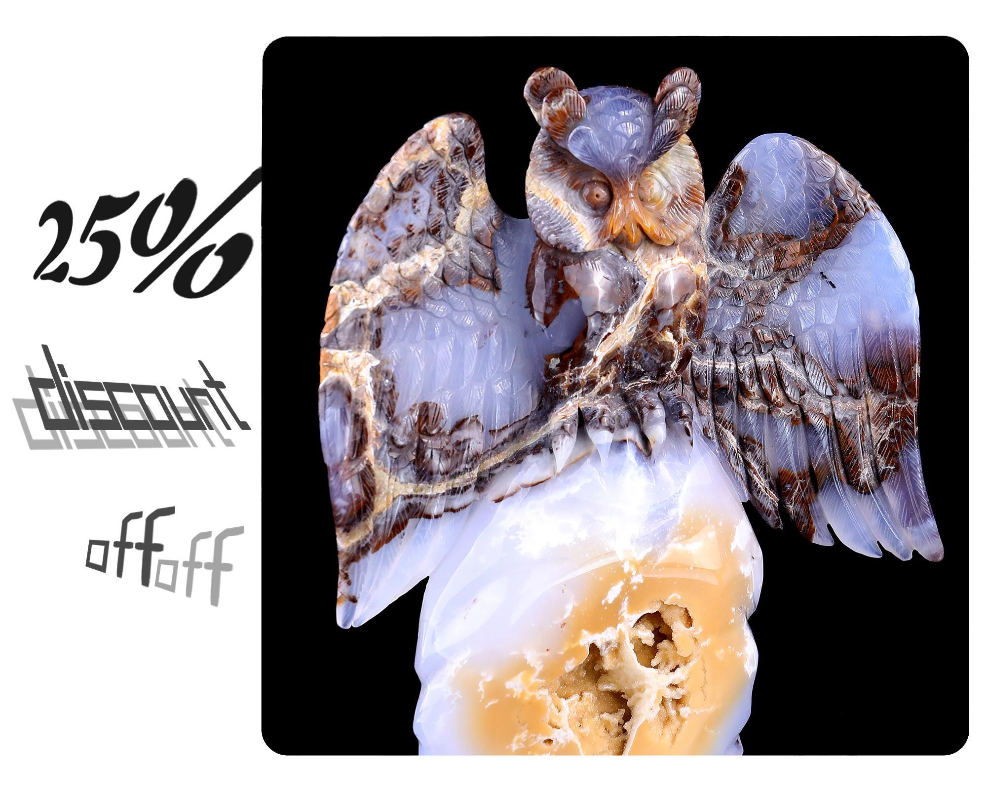 8.7” Natural Blue Chalcedony Hand Carved Crystal Owl Sculpture, Unique Crystal Carving for Home Decor & Collectors, Handcrafted Gift