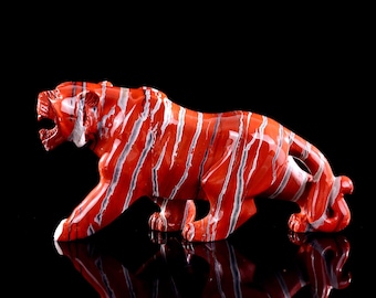 Hand Carved Red Jasper Crystal Tiger Sculpture: 10.6