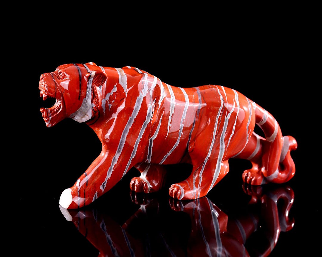 Hand Carved Red Jasper Crystal Tiger Sculpture: 10.6