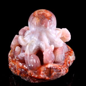 Red Agate Crystal Octopus Sculpture: Hand Carved Home Decor (3.9” )