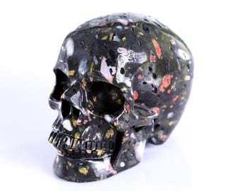 4.4” Natural Plum Blossom Jade Hand Carved Crystal Skull Sculpture, Unique Crystal Carving for Home Decor & Collectors, Handcrafted Gift