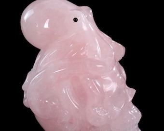 3.0 inch Natural Rose Quartz Crystal Octopus and Skull Carving, Hand Carved Fine Art Sculpture, Unique Handcrafted Gifts Home Decor