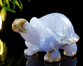 5.7" Natural Gemstone Blue Chalcedony Turtle Fine Art Sculpture, Hand Carved Crystal Animal for Luxury Gift Home Decor