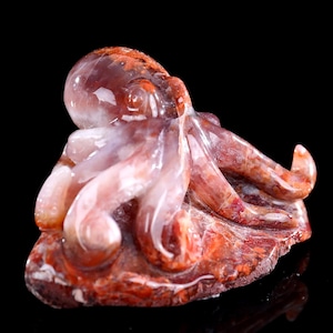 Escultura de pulpo de cristal tallado a mano en ágata roja natural de 4,2&quot;, talla única, decoración del hogar y colección, regalo artesanal.