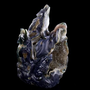 8.9” Natural Geode Agate Hand Carved Crystal Wolf Family Sculpture, Unique Crystal Carving, Home Decor & Collectors, Handcrafted Gift
