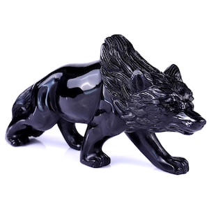 Scultura di lupo in cristallo di ossidiana nera intagliata a mano: decorazione per la casa, regalo da collezione (12,2 pollici)