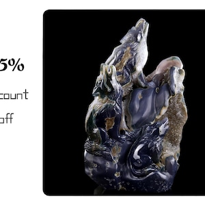 Scultura di famiglia di lupi in agata geode naturale da 8,9 pollici, intagliata a mano in cristallo, scultura di cristallo unica, decorazione per la casa e da collezione, regalo artigianale