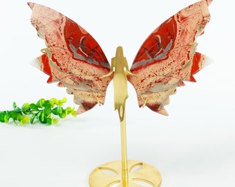 5.2” Natural Red Jasper Hand Carved Crystal Angel Spirit Wings, Unique Crystal Carving for Home Decor & Collectors, Handcrafted Gift