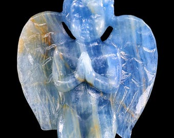 Escultura de ángel de cristal de ónix azul: decoración para el hogar tallada a mano (7,4 cm)