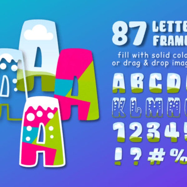 Doodle Letters Groovy Font Canva Frames, Letters Photo Template, Fun Font Style, Editable Canva Frames Template, Kids Doodle Font Set