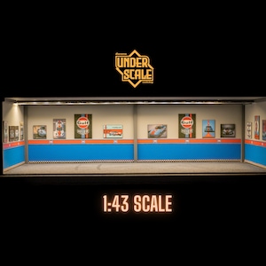 1:43 Scale GULF Garage Diorama – Handmade Model Car Display with LED Lights – Showcase for Diecast Cars