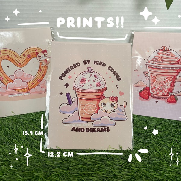 Art Prints w/ Cats, Food, & Drinks | Cute Kawaii Aesthetic Prints for Display, framing, and journaling