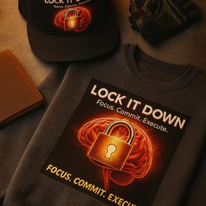May include: Black baseball cap and dark gray sweatshirt with the text "LOCK IT DOWN" and a graphic of a brain with a padlock. Also included are black gloves and a brown notebook.