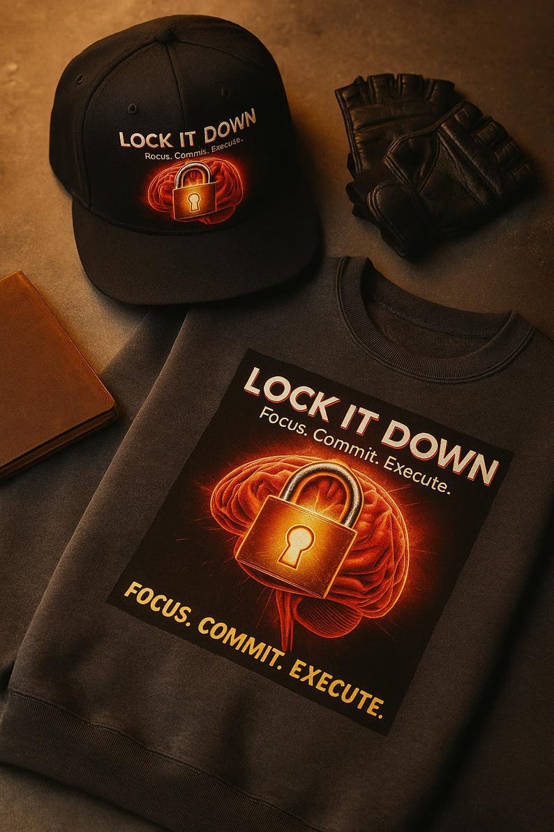 May include: Black baseball cap and dark gray sweatshirt with the text "LOCK IT DOWN" and a graphic of a brain with a padlock. Also included are black gloves and a brown notebook.