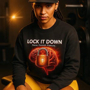 Può includere: Felpa e berretto neri con la scritta "LOCK IT DOWN". La felpa presenta una grafica del cervello con un lucchetto. Il berretto ha anche la scritta "LOCK IT DOWN" e una grafica del cervello con un lucchetto.