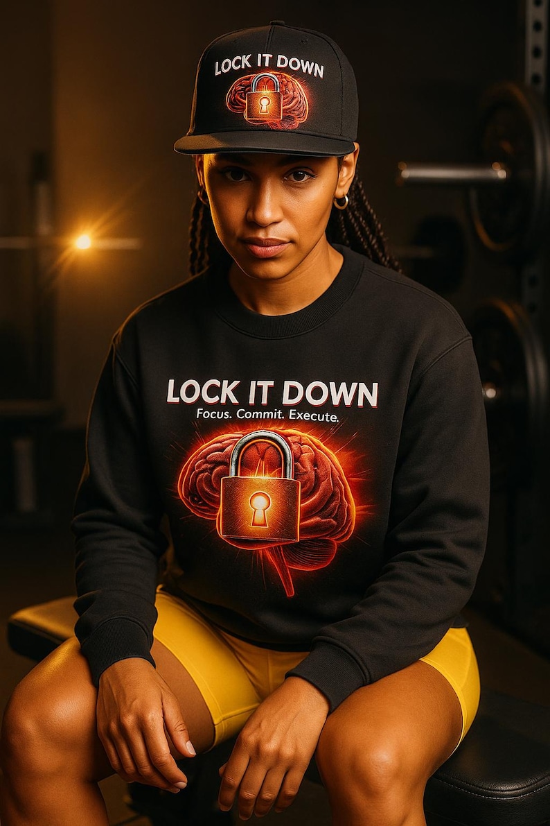 May include: Black sweatshirt and cap with the text "LOCK IT DOWN". The sweatshirt features a brain graphic with a padlock. The cap also has the text "LOCK IT DOWN" and a brain graphic with a padlock.