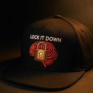 May include: Black baseball cap with the embroidered phrase "LOCK IT DOWN" above a brain graphic with a padlock. The brain is red and the padlock is gold. The cap has a curved brim.