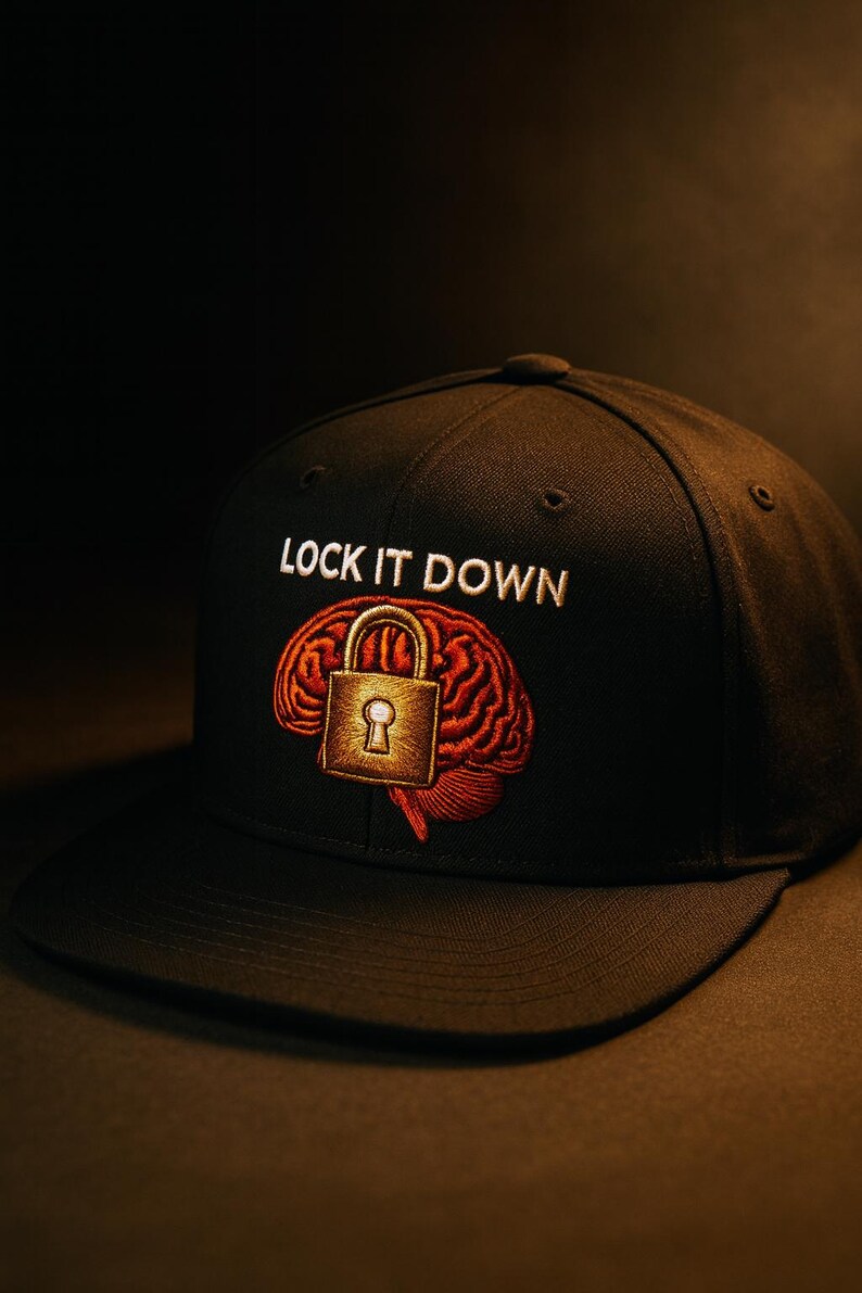 May include: Black baseball cap with the embroidered phrase "LOCK IT DOWN" above a brain graphic with a padlock. The brain is red and the padlock is gold. The cap has a curved brim.