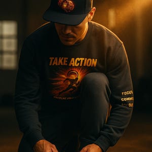 May include: A person wearing a black baseball cap and a dark gray sweatshirt and sweatpants. The cap reads "LOCK IT DOWN" and the sweatshirt says "TAKE ACTION" with a graphic of a person running. The sweatshirt also has the words "FOCUS COMMIT EXECUTE" on the sleeve.