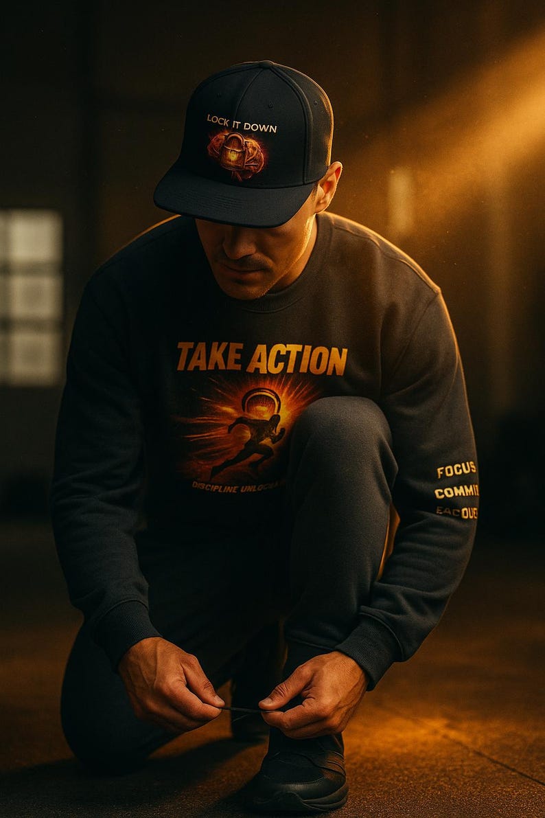 May include: A person wearing a black baseball cap and a dark gray sweatshirt and sweatpants. The cap reads "LOCK IT DOWN" and the sweatshirt says "TAKE ACTION" with a graphic of a person running. The sweatshirt also has the words "FOCUS COMMIT EXECUTE" on the sleeve.