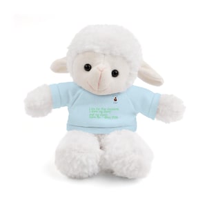 Puede incluir: Un cordero de peluche blanco que lleva una camiseta azul claro con el texto "Yo soy el buen pastor: conozco mis ovejas, y mis ovejas me conocen." Juan 10:14.