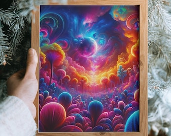 Cosmic Garden Digital Wall Art | Psychedelic Galaxy Landscape Print | Surreal Neon Planet Artwork | 5 High-Resolution Sizes | Instant Downlo
